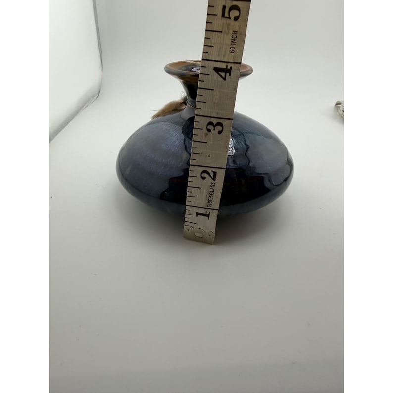 Studio Pottery Blue Drip Glaze Round Vase Feather Accent Signed 5 Inch image 10
