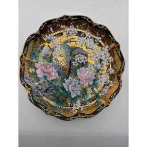 Vintage Toyo Japan Peacock Peony Gold Porcelain Plate 10 Inch afbeelding 2