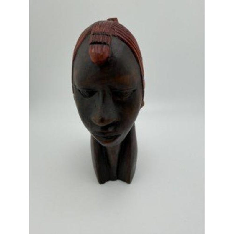 Vintage African Hand Carved Wood Bust Woman Braided Hair Dark Wood 6 Inch image 1