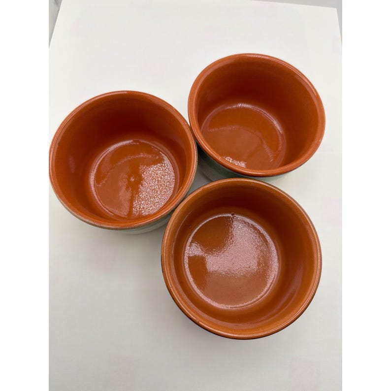 Set of 3 Stoneware Ramekins Terracotta Green Speckled Cream Ceramic Small Bowls image 3