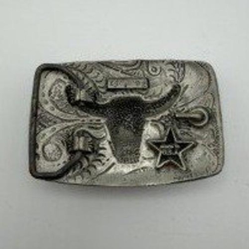 Vintage Silver Tone Western Belt Buckle Longhorn Skull Feather Cowboy Rodeo image 2