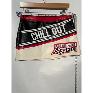 Motorcycle Girl Faux Leather Mini Skirt S US 4 EU 36 Red Black Racing Graphic image 3