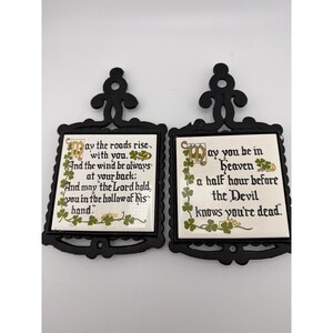 Vintage Enesco Japan Irish Blessing Cast Iron Ceramic Trivet Set of 2 image 1