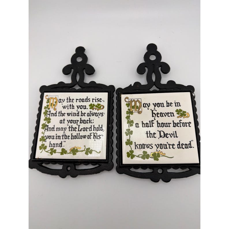 Vintage Enesco Japan Irish Blessing Cast Iron Ceramic Trivet Set of 2 image 1