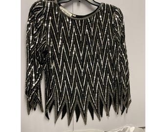 Vintage 70s St Honore Silk Beaded Sequin Blouse Size Small