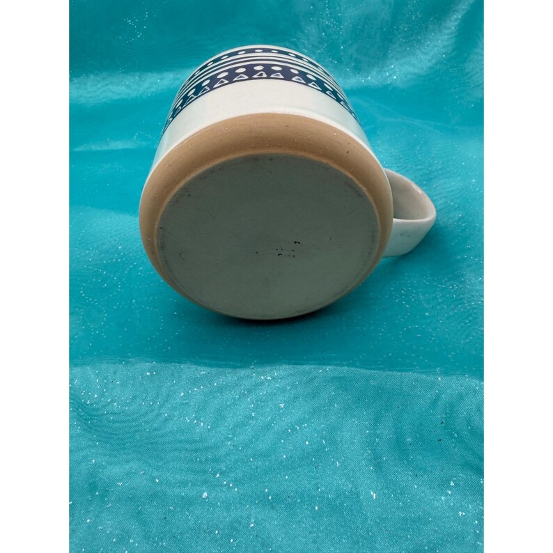 Boho Navy Geometric Stoneware Mug Cream Hand Painted Striped Coffee Cup image 3