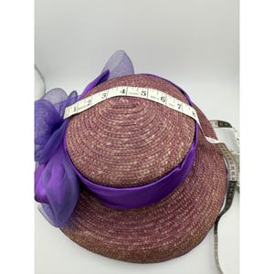 Vintage Purple Straw Cloche Hat Satin Bow Tulle Flower Tea Party Church image 6