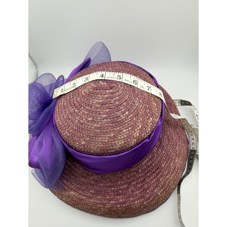 Vintage Purple Straw Cloche Hat Satin Bow Tulle Flower Tea Party Church image 6