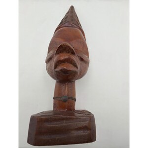 Hand Carved Wood Face Sculpture Pedestal Folk Art Decor image 4