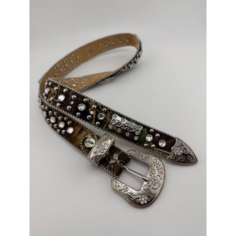 BB Simon Camo Crystal Studded Western Belt Silver Buckle Rhinestone Camouflage image 2