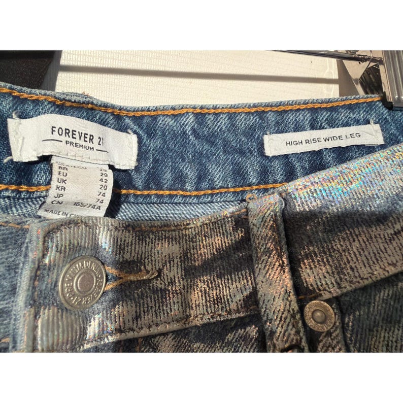 Women's Holographic Wide Leg Jeans 29 High Rise Iridescent Blue Gold Metallic image 4