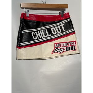 Motorcycle Girl Faux Leather Mini Skirt S US 4 EU 36 Red Black Racing Graphic image 1