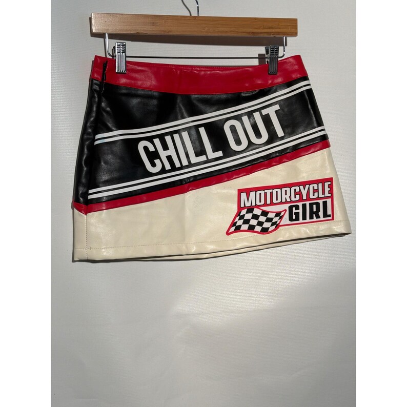 Motorcycle Girl Faux Leather Mini Skirt S US 4 EU 36 Red Black Racing Graphic image 1