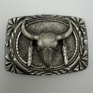 Vintage Silver Tone Western Belt Buckle Longhorn Skull Feather Cowboy Rodeo image 1