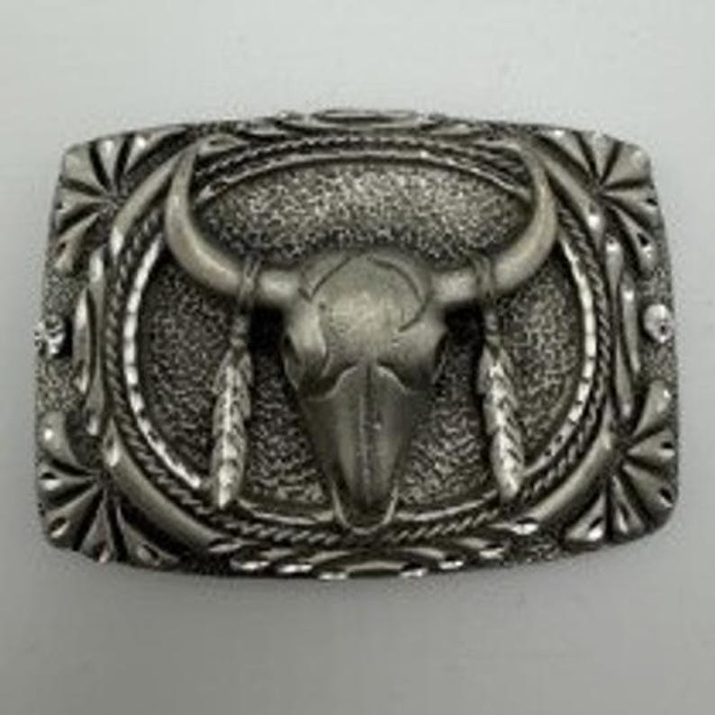 Vintage Silver Tone Western Belt Buckle Longhorn Skull Feather Cowboy Rodeo image 1