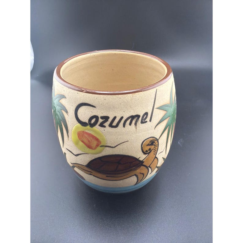 Cozumel Mexico Handmade Pottery Mug Sea Turtle Palm Tree Hand Painted Signed image 2