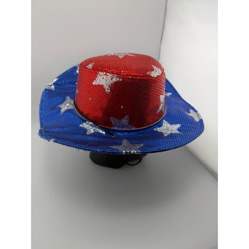 Sombrero de vaquero patriótico con lentejuelas y estrellas rojas, blancas y azules, accesorio para disfraz del 4 de julio. imagen 2
