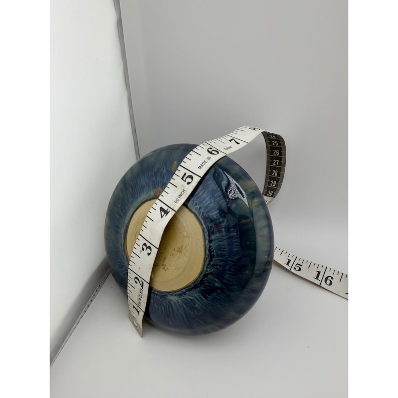 Studio Pottery Blue Drip Glaze Round Vase Feather Accent Signed 5 Inch image 7