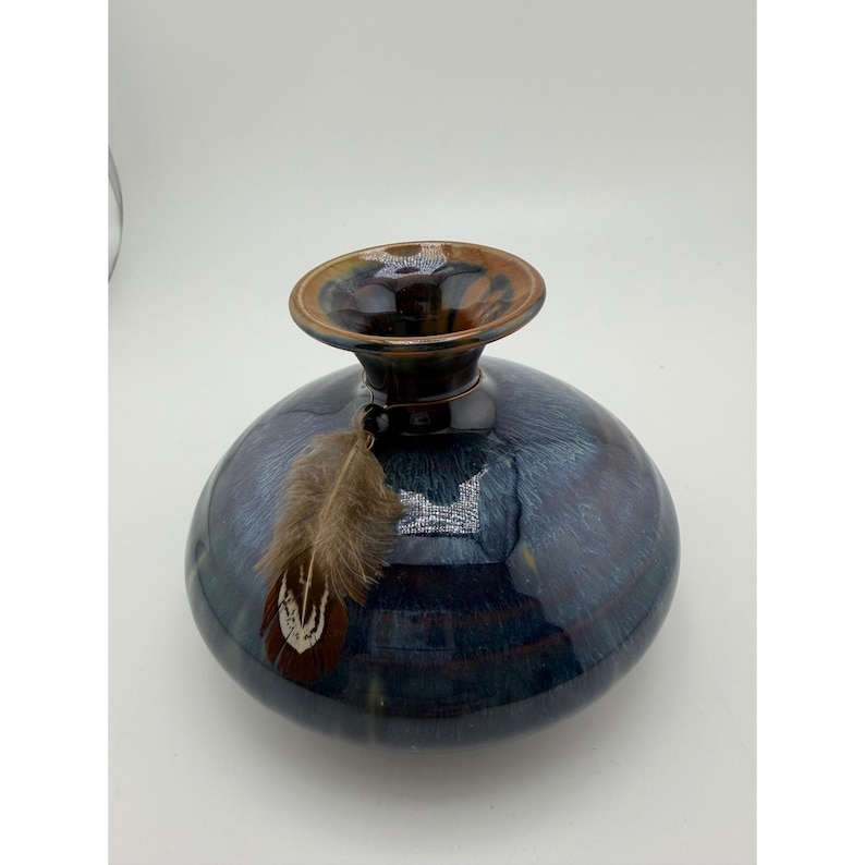 Studio Pottery Blue Drip Glaze Round Vase Feather Accent Signed 5 Inch image 1