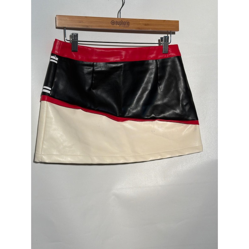 Motorcycle Girl Faux Leather Mini Skirt S US 4 EU 36 Red Black Racing Graphic image 5