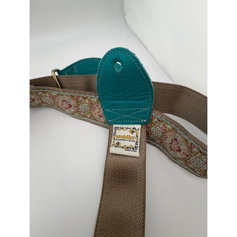 Souldier Custom Guitar Strap Vintage Fabric Recycled Seatbelt Teal Leather Ends image 3