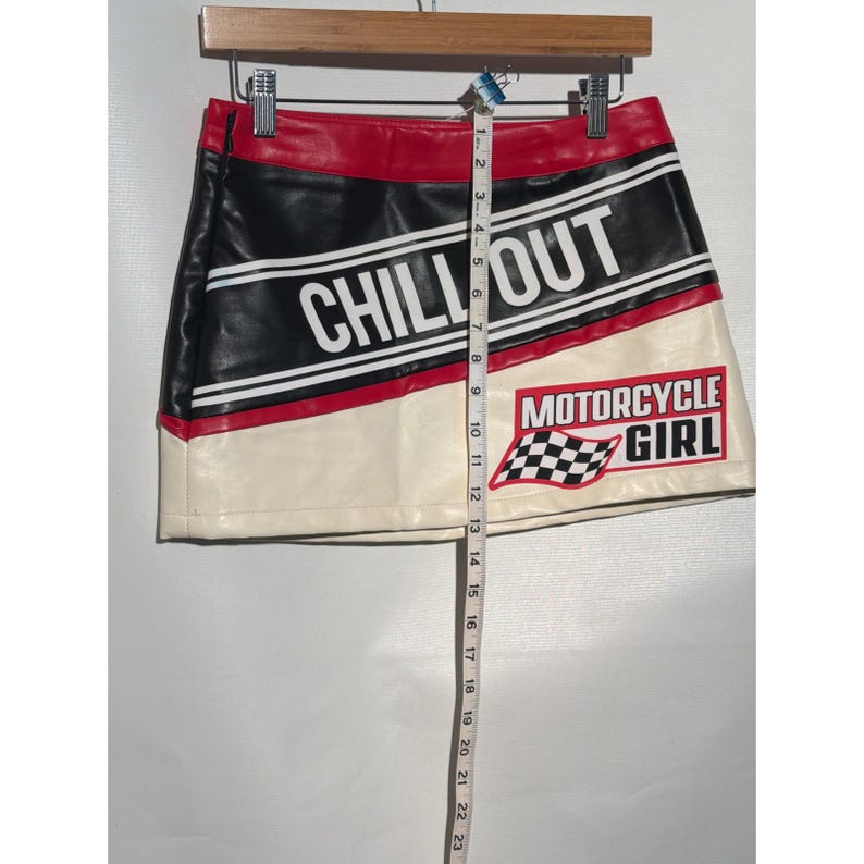 Motorcycle Girl Faux Leather Mini Skirt S US 4 EU 36 Red Black Racing Graphic image 2