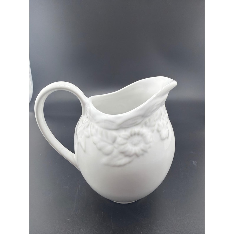 Cooks Club Whitehall Creamer Pitcher White Embossed Floral Porcelain 4.5 Inch image 2