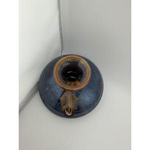 Studio Pottery Blue Drip Glaze Round Vase Feather Accent Signed 5 Inch image 5
