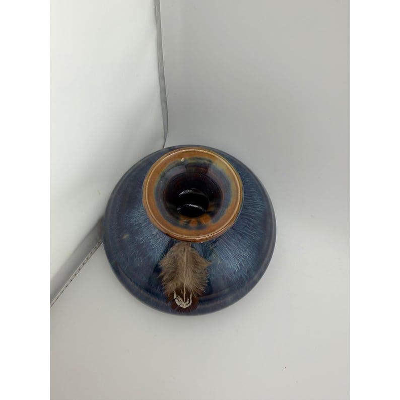 Studio Pottery Blue Drip Glaze Round Vase Feather Accent Signed 5 Inch image 5