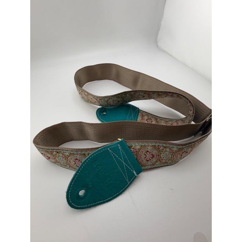 Souldier Custom Guitar Strap Vintage Fabric Recycled Seatbelt Teal Leather Ends image 5