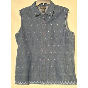 Style & Co Women's Denim Sleeveless Button Up Shirt 16 Blue Embroidered image 1