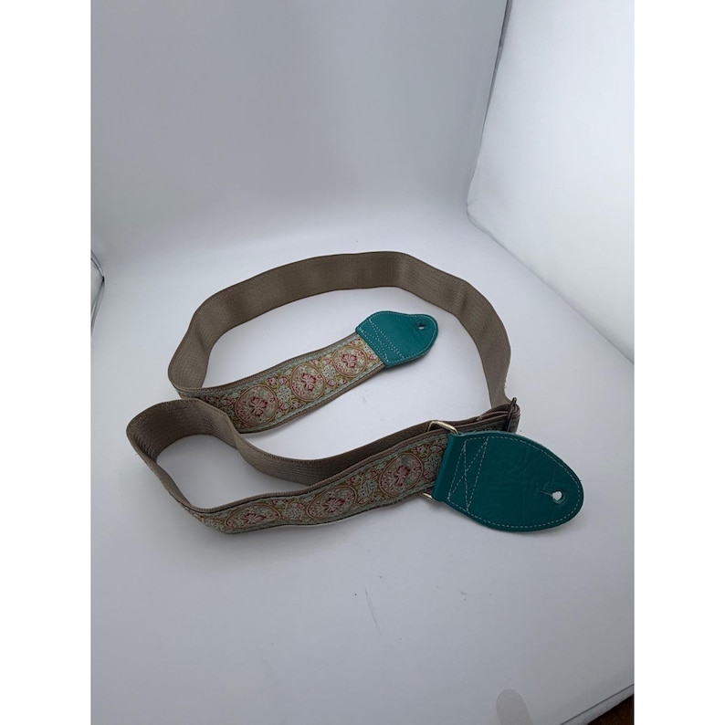 Souldier Custom Guitar Strap Vintage Fabric Recycled Seatbelt Teal Leather Ends image 1