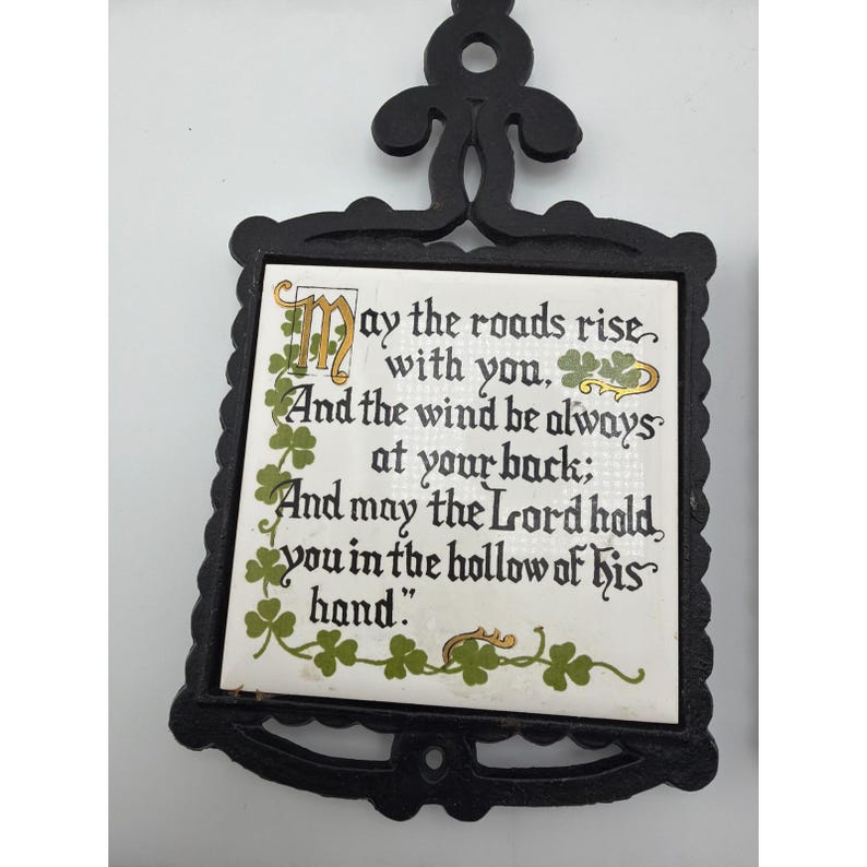 Vintage Enesco Japan Irish Blessing Cast Iron Ceramic Trivet Set of 2 image 2