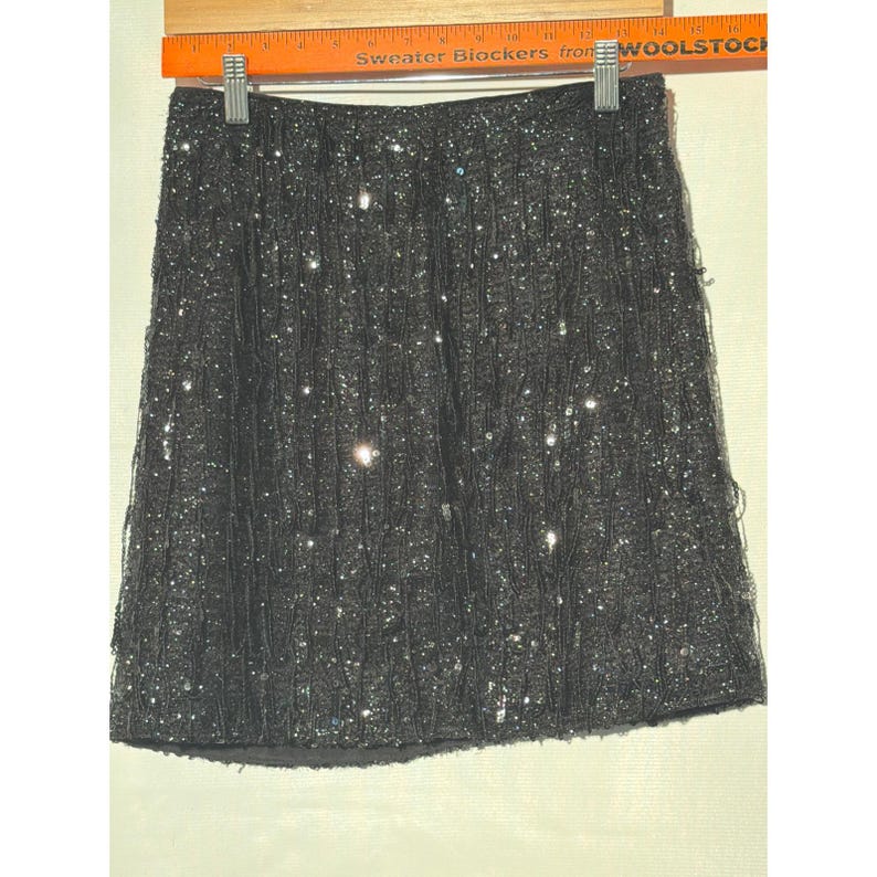 Black Textured Sequin Mini Skirt Metallic Shimmer A-Line Party Size 2 Petite image 5