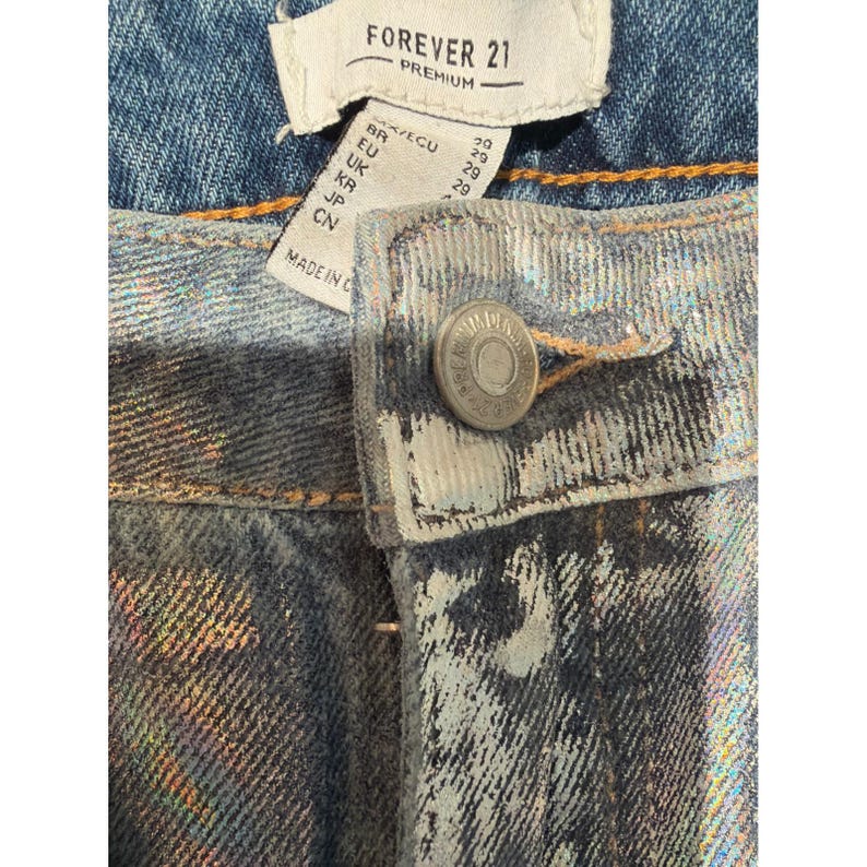 Women's Holographic Wide Leg Jeans 29 High Rise Iridescent Blue Gold Metallic image 3