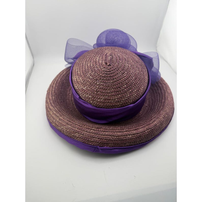 Vintage Purple Straw Cloche Hat Satin Bow Tulle Flower Tea Party Church image 2