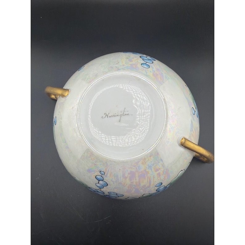 Vintage Signed Harrington Lusterware Bowl Blue Grapes Gold Handles Iridescent image 4