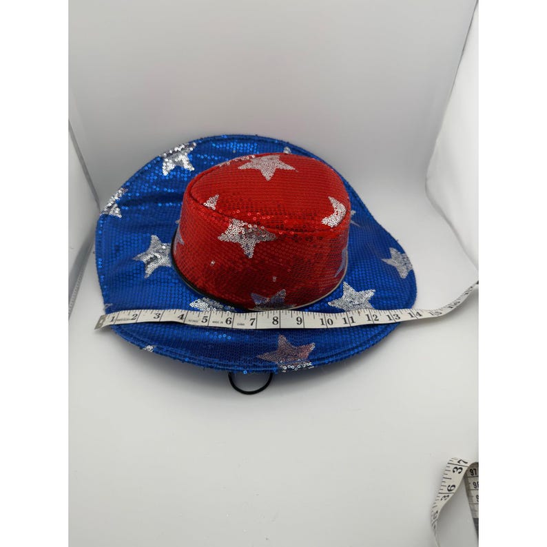 Sombrero de vaquero patriótico con lentejuelas y estrellas rojas, blancas y azules, accesorio para disfraz del 4 de julio. imagen 9