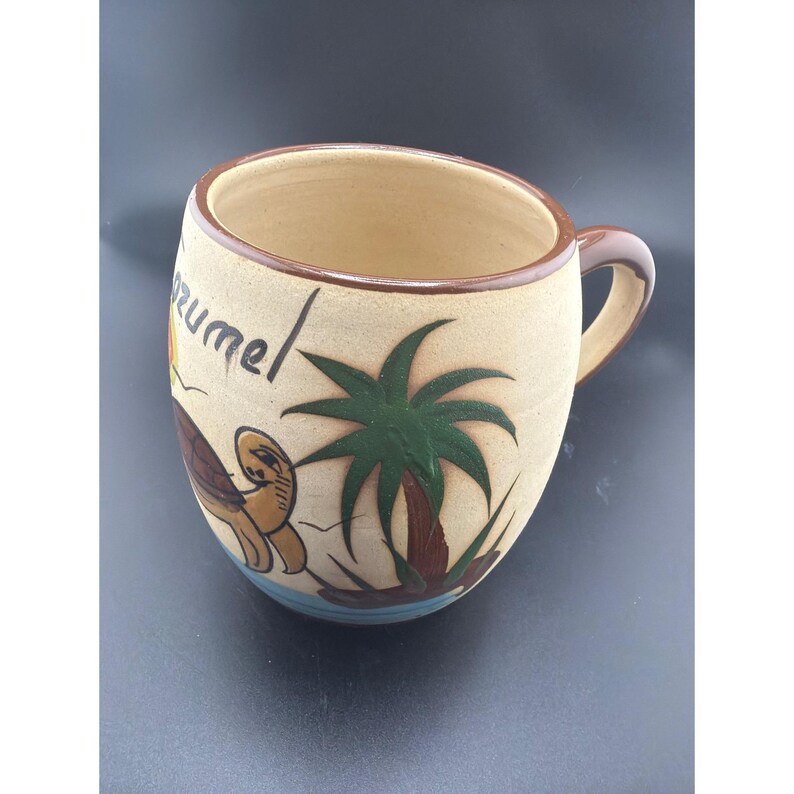 Cozumel Mexico Handmade Pottery Mug Sea Turtle Palm Tree Hand Painted Signed image 3