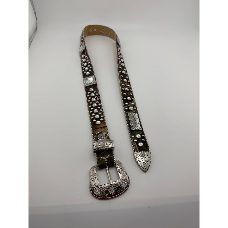 BB Simon Camo Crystal Studded Western Belt Silver Buckle Rhinestone Camouflage image 3