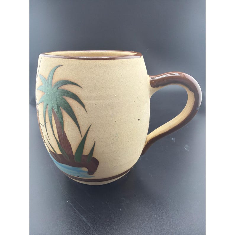 Cozumel Mexico Handmade Pottery Mug Sea Turtle Palm Tree Hand Painted Signed image 4