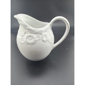 Cooks Club Whitehall Creamer Pitcher White Embossed Floral Porcelain 4.5 Inch image 1