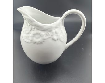 Cooks Club Whitehall Creamer Pitcher White Embossed Floral Porcelain 4.5 Inch