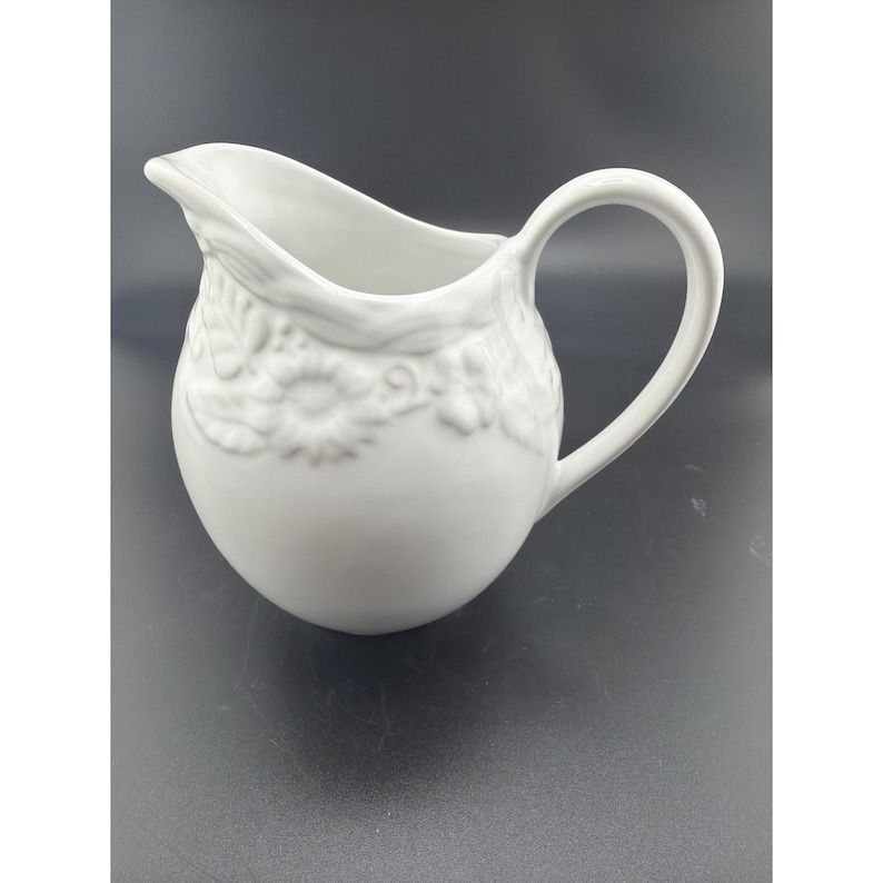 Cooks Club Whitehall Creamer Pitcher White Embossed Floral Porcelain 4.5 Inch image 1