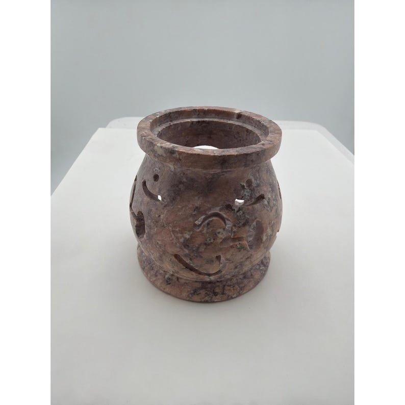 Pink Soapstone Oil Burner Tea Light Holder Moon Star Carved Stone image 2