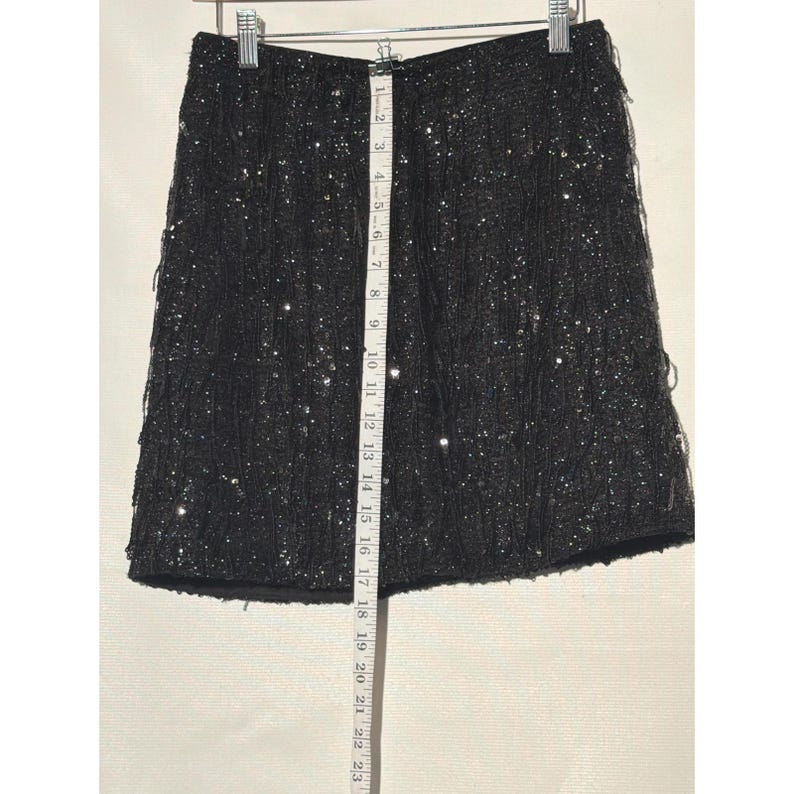 Black Textured Sequin Mini Skirt Metallic Shimmer A-Line Party Size 2 Petite image 4