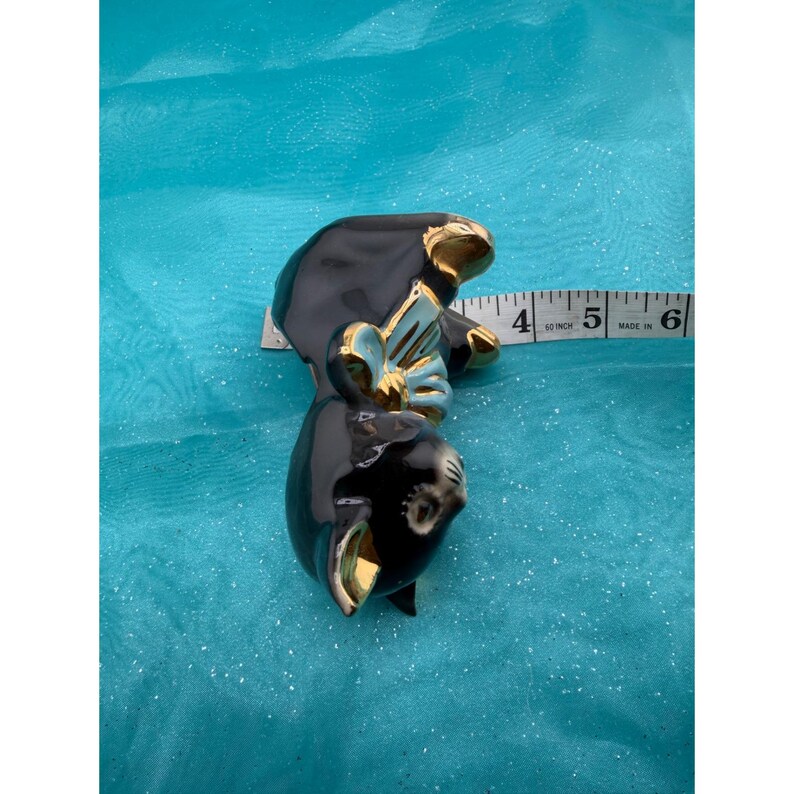 Vintage Ceramic Black Cat Figurine Gold Trim Bow Toothpick Holder 4 Inch image 5