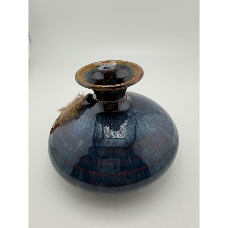 Studio Pottery Blue Drip Glaze Round Vase Feather Accent Signed 5 Inch image 2