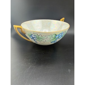 Vintage Signed Harrington Lusterware Bowl Blue Grapes Gold Handles Iridescent image 1