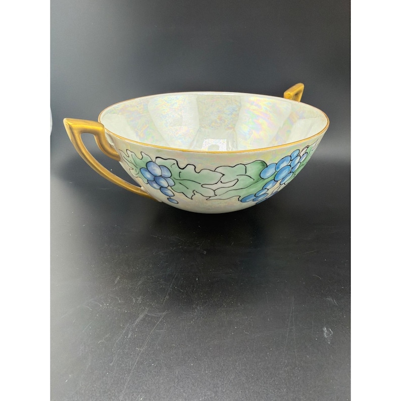 Vintage Signed Harrington Lusterware Bowl Blue Grapes Gold Handles Iridescent image 1